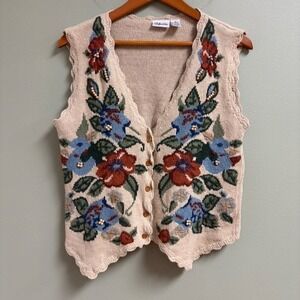 Vintage Styleworks Womens Floral Knit Vest Size S Cottage Boho Hippie Festival